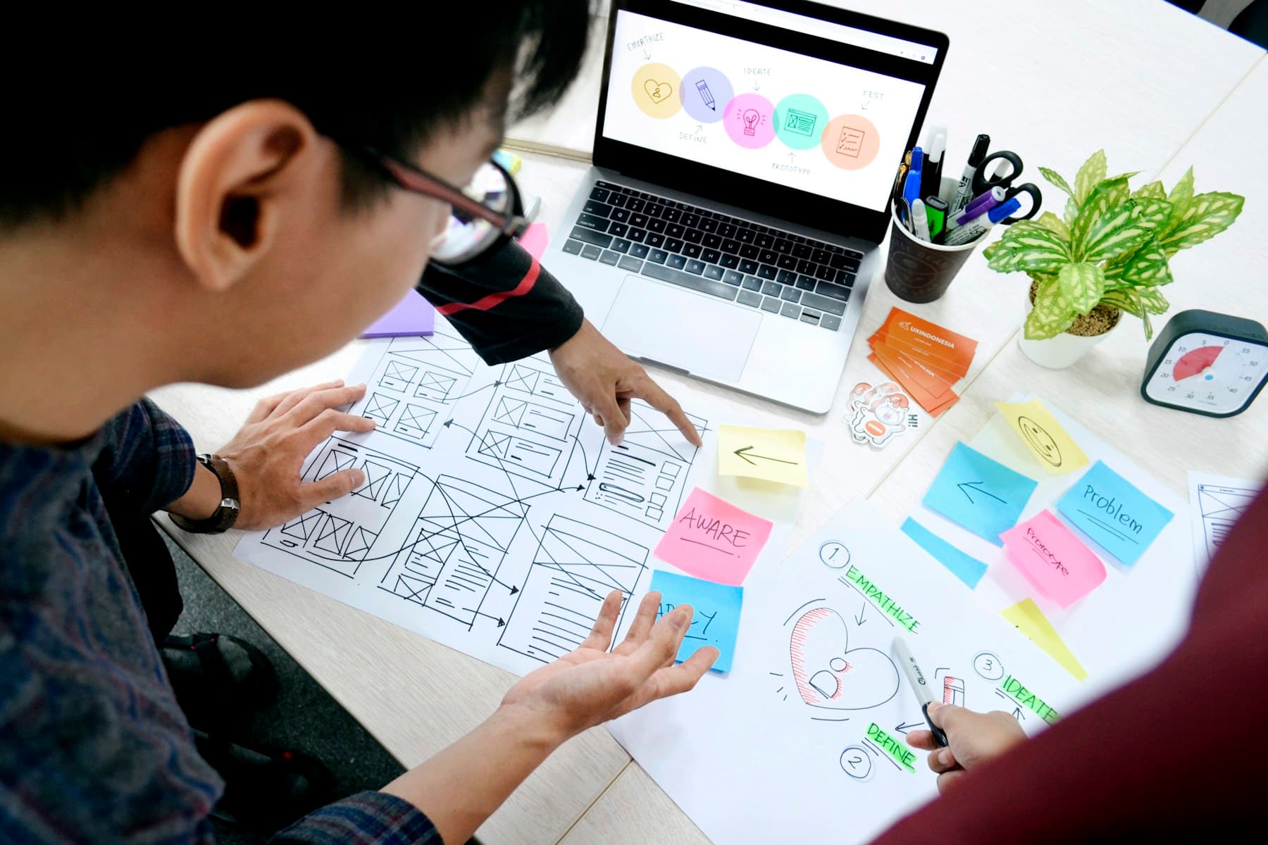 Ontwerpers werken samen aan wireframes voor een maatwerkapplicatie